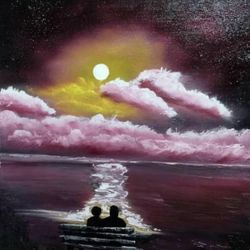 Nice Original Signed Painting On Canvas 16x20 Lovers In The Moonlight-Valentines Day