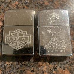 Selling Together Vintage Zippo Lighters Harley-Davidson/ U.S. Marine Corps. In Good Condition Will Need Lighter Fluid