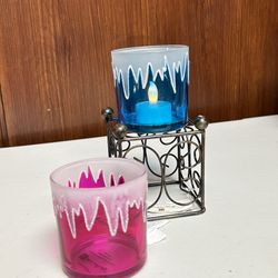 Home interiors pink and blue glass votive candle Holders 