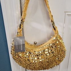 Bisou Bisou by Michele Bohbot Gold Sequin Hobo Sac Handbag Purse Bag Knit  NWT