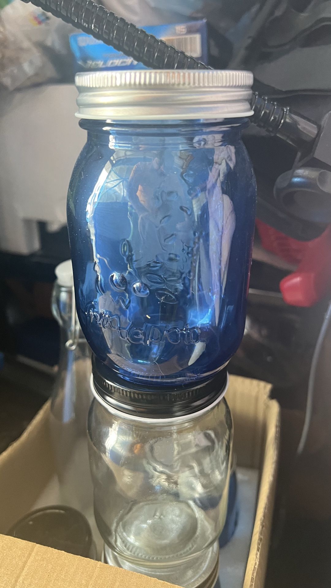 Blue mason jars and clear glass jars 10 pieces