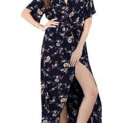 CHERFLY Womens Maxi Dress Boho Deep V Neck Floral Chiffon Wrap Split Maxi Dress with Belt(MC8,US8-10