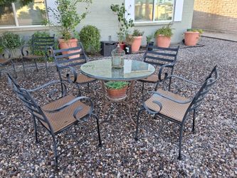 7 Wrought Iron Patio Chairs, Brown Seats $50ea