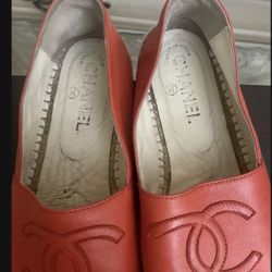 Auth. CHANEL RED Espadrilles Leather Shoes Sandals Spain 38