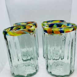 Hand Blown Art Glass Drinking Glasses/tumblers. Multicolored Rims 