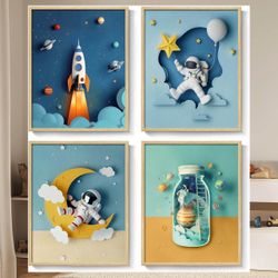 Set of 4 Outer Space Themed Canvas Wall Art Prints in Frames