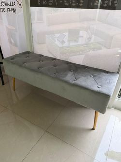 Gray Velvet Tufted Bench with Gold Legs