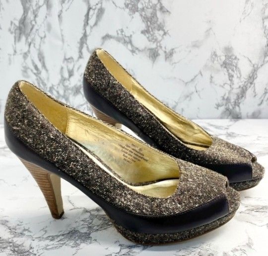 Gold Brown Tweed Black Leather Wood Heel Open Toe Pumps Sz 8.5