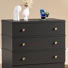 Dresser Nightstand USB Charging Station 3 Wood Drawers Black