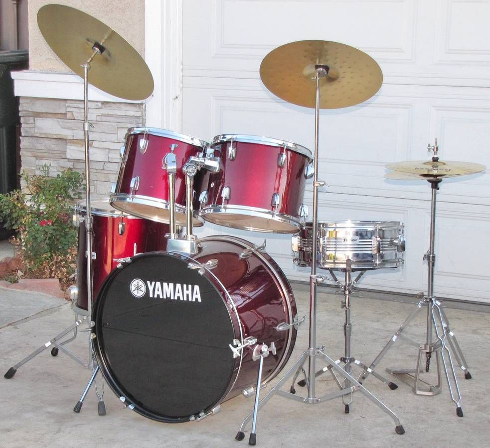 Red Drum Set With Cymbals And Hardware