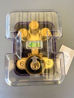Brass thermostatic shower mixing valve set designed for in-wall installation.