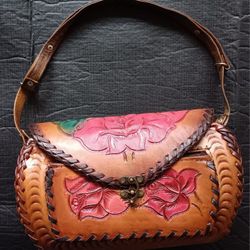 Red Flower Tooled Leather Barrel Purse