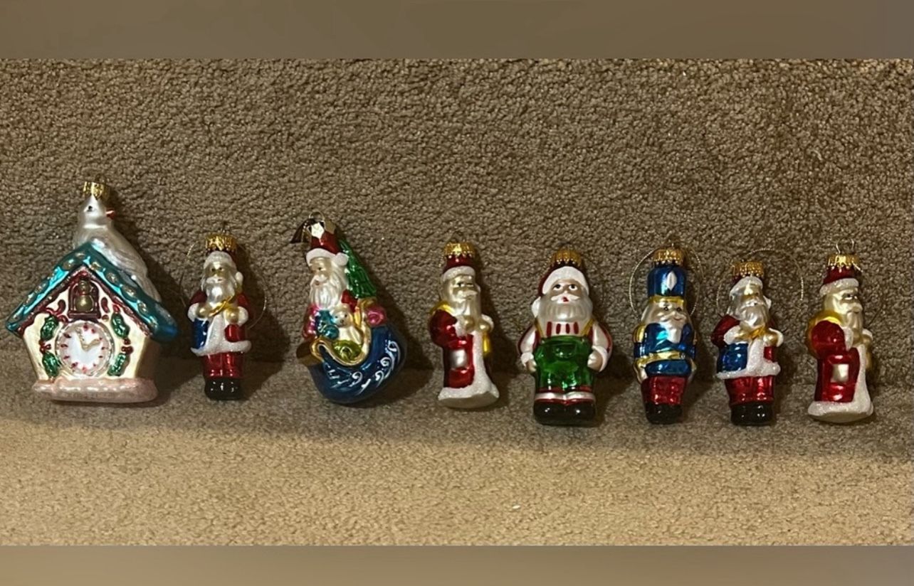 Vtg Thomas Pacconi  Lot of 8 Blown Glass Santa Clock Christmas Ornament