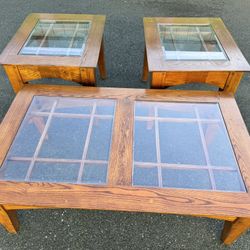 Oak Glass Top Coffee Table With End Tables 