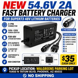 54.6V 2A Fast Battery Charger for Super73 E-Bikes with 3-Pin Connector