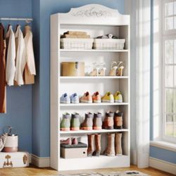 White Freestanding Shoe Cabinet, 72.8" Wood 5 Tiers Shoe Storage Rack