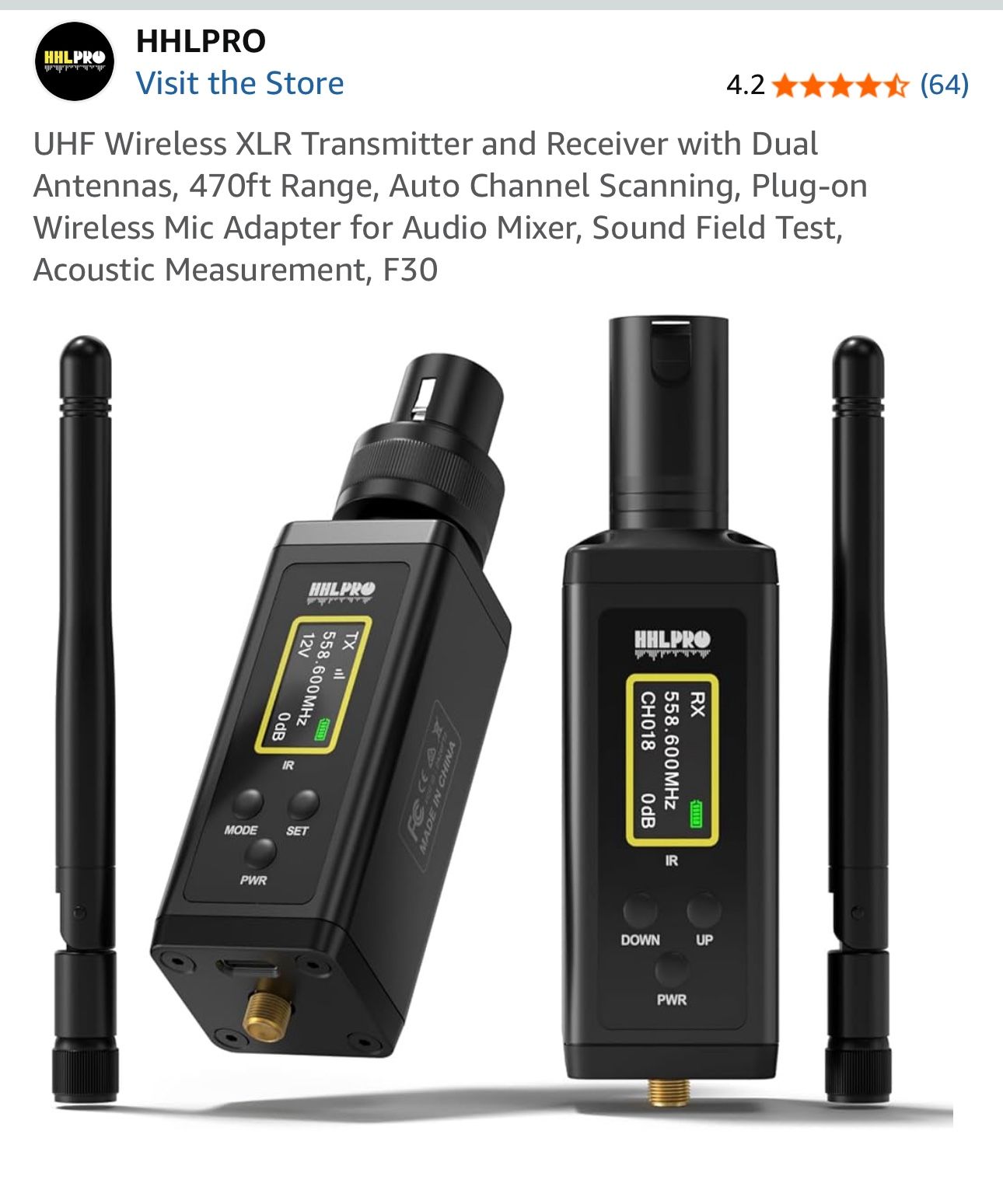 UHF Wireless XLR Transmitter and Receiver with Dual Antennas, 470ft Range, Auto Channel Scanning, Plug-on Wireless Mic Adapter for Audio Mixer, Sound