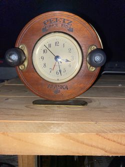 Vintage Peetz Reel Time Wooden Analog Alarm Clock Reel Sound Alarm Fishing WORKS