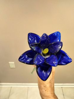 DARK BLUE LONG STEM CORNING GLASS FLOWER 18"