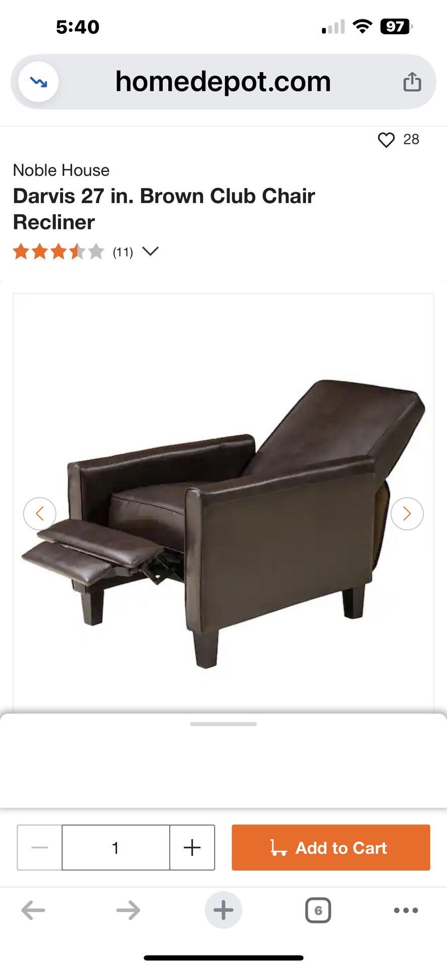 Darvis 27 in. Brown Club Chair Recliner