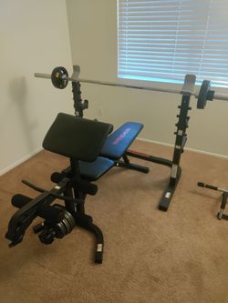 WEIDER WEIGHT BENCH SET WITH ROW MACHINE AND WEIGHTS