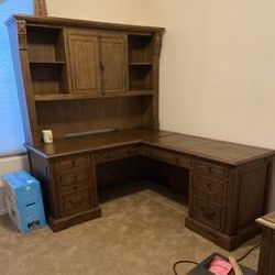 Solid oak desk, hutch with matching bookcase and file cabinet.