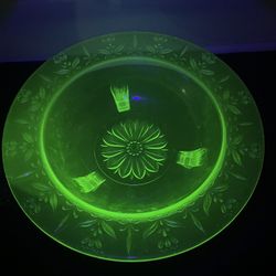 Large 11” Etched Legged Uranium Glass Fruit Bowl