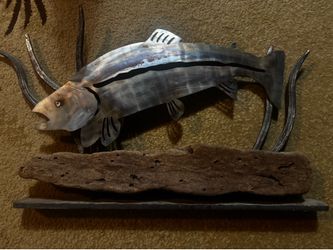 Handcrafted Metal Fish Sculpture with Driftwood Base