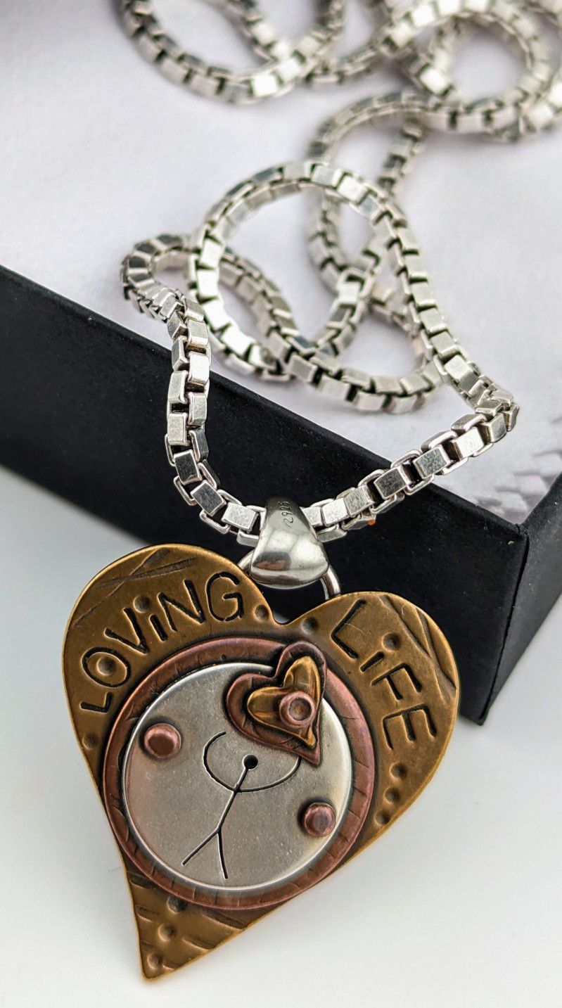 "LOVING LIFE" Heart Pendant Box Link Necklace in 925 Sterling Silver 18"
