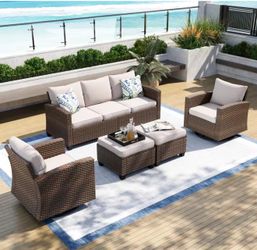 PHI VILLA Brown Rattan Wicker 7 Seat 5-Piece Steel Outdoor Patio Conversation Set with Beige Cushions,2 Swivel Chairs,2 Ottomans