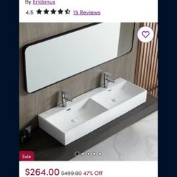 ERI-WB-108D Turner 48" W Double Basin White Ceramic Rectangular Wall Mount/Vessel Bathroom Sink For Two