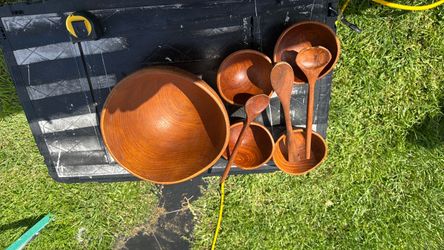 Teak salad bowl set with tongs and cheese platter