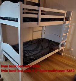Twin bunk bed. Comes in espresso, grey, & white. Assembly required. Assembly not included. Taxes included. Free delivery.  Bunk bed only-$299 Bunk bed