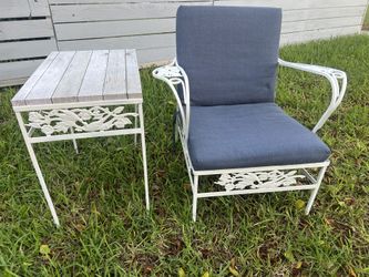Wrought Iron Vintage Patio Chair With Maching Table And Cushion