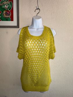 Yellow-Green Open Knit Cold Shoulder Top