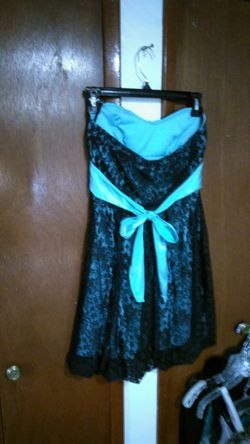 Turquoise satin & black lace party dress