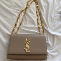 Saint Laurent Taupe Beige Milled Leather Chain Shoulder Bag With Gold Hardware 