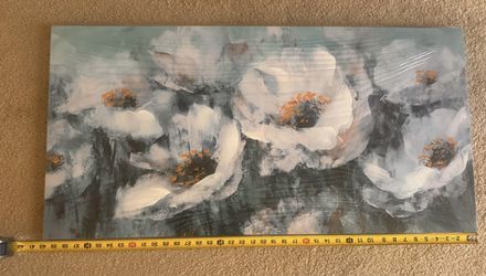 Enartly White Flowers Wall Art Blooming Blue Teal Turquoise Tones Textured Canvas Painting 40"x20"