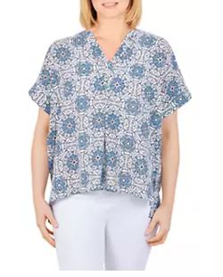 Ruby Rd. XL Top Women's Short Sleeve Blouse Blue V-neck Floral 