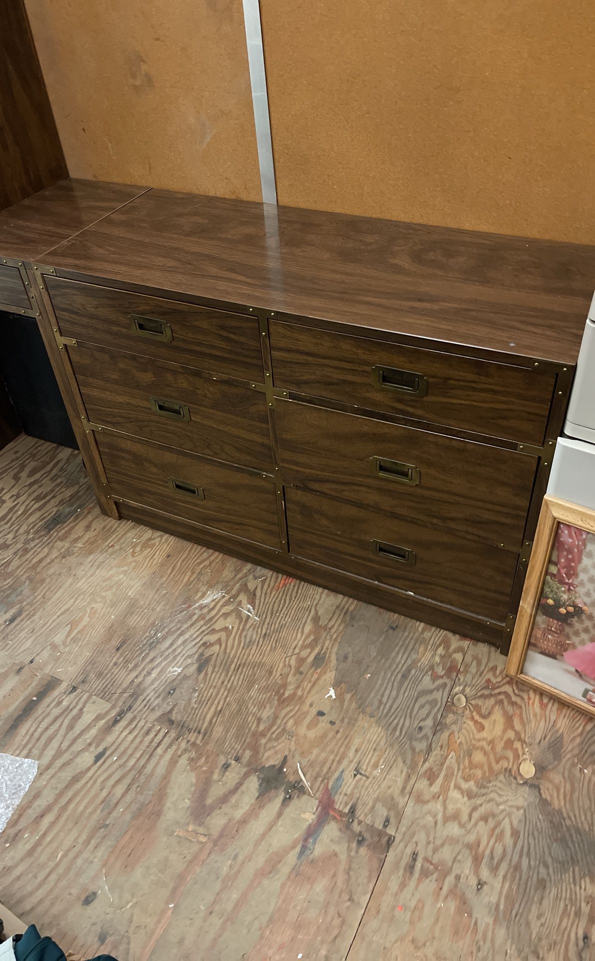 Vintage Chest Of Drawers Set Wood And Brass Dresser Desk & Bookshelf 