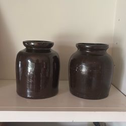 Two 7 1/2” Vintage Brown Crocks