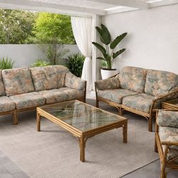 Vintage Rattan Sofa Set w/ Coffee Table – Tropical Coastal Style