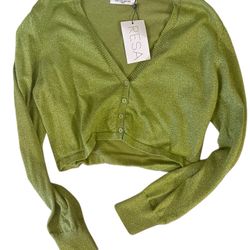 New Resa Revolve Green Cropped Button Down Cardigan Sweater Sz Large Women’s 