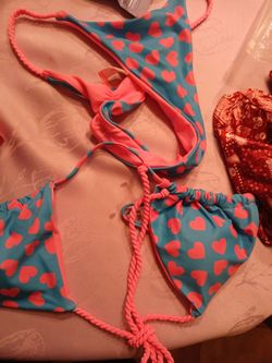Blue and Pink Heart Print Bikini Set small