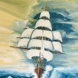 Oil Painting-Ship Traveling Rough Seas-Framed 