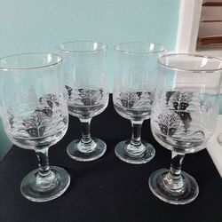 4 Libbey Arbys~Winter Snow Scene~STEMMED GOBLET ~Frosted Pine Trees~Gold Trim