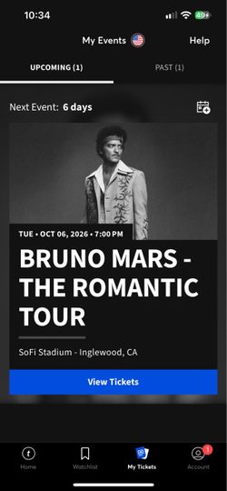 10/6 Bruno Mars Floor Seat Tickets