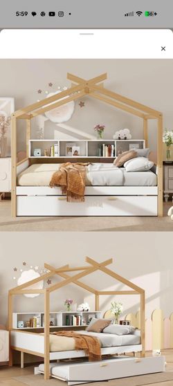 Full Size House Bed with Twin Trundle