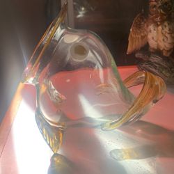 Vintage Hand Blown Glass Fish Art Large Yellow Browns Nautical- Damage read
