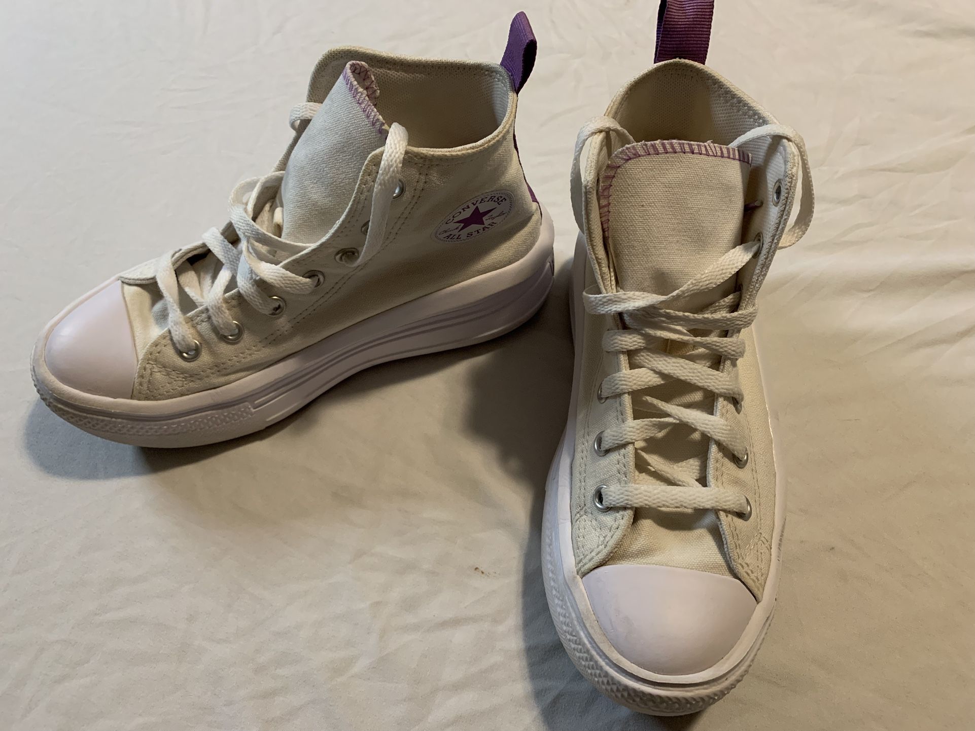 Converse Cream and Purple High-Top Sneakers